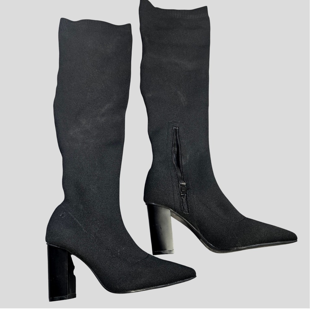 CUCCOO Black Knit Over The Knee Sock Boots Pointed Toe Block Heel Womens Size 9